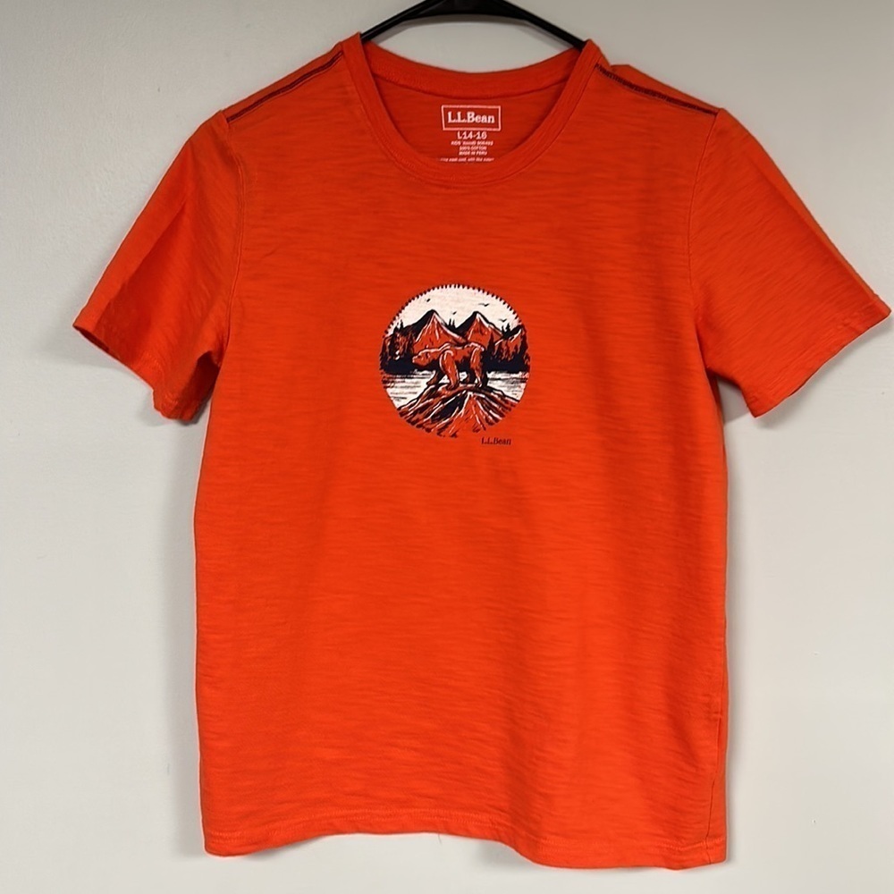 L.L. Bean Kid's Orange Cotton Bear & Mountain Tee Shirt , LIKE NEW LG 14/16